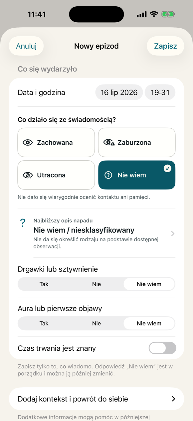 Formularz zapisu epizodu w EpiTrail na iPhonie