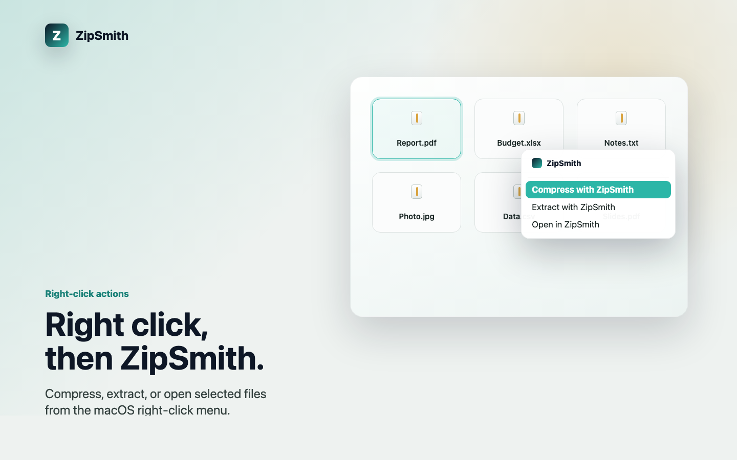 ZipSmith right-click actions in macOS