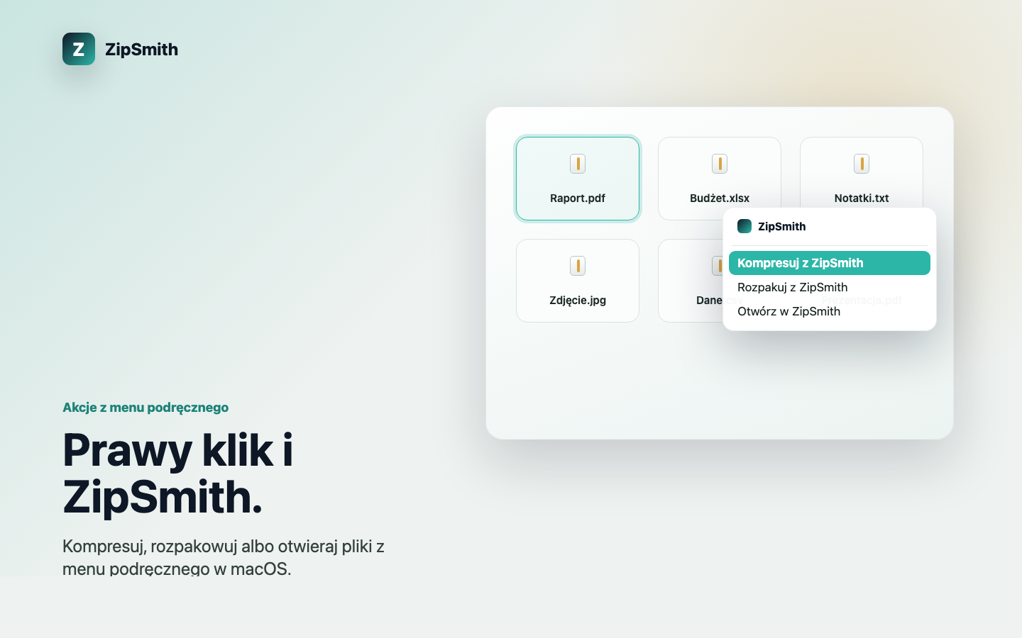 Akcje ZipSmith w menu podręcznym macOS